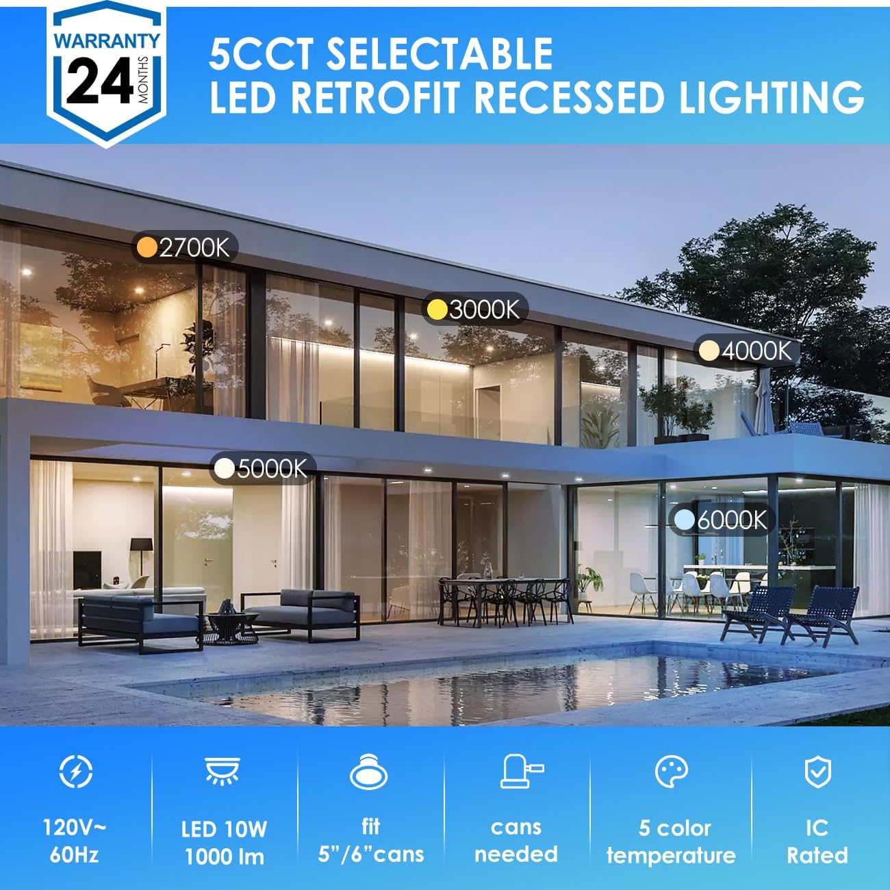 ANWIO Recessed Lighting 6 Inch, 5CCT Flat Retrofit LED Recessed Lights Can Needs, 2700/3000/4000/5000/6000K Selectable Can Lights 10W(120W Equivalent) CRI 80  Dimmable E26 Base IC Rated & ETL 8 Pack